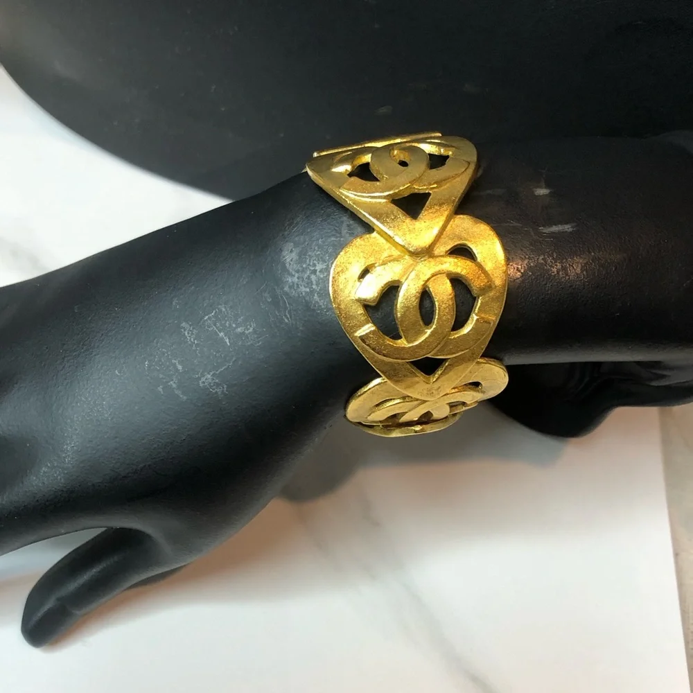 CHANEL Gold Statement Cuff Bracelet Interlocking CC Open Heart Design w/ Box
